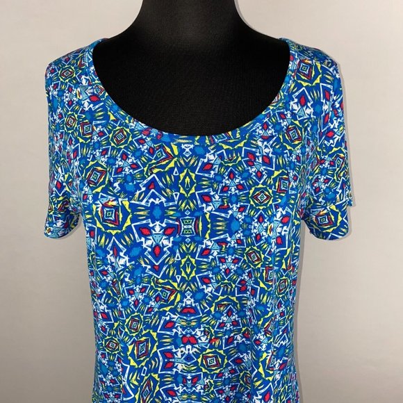 LuLaRoe Classic T S Multicolor Blue Yellow Red White Patterned Top - Picture 2 of 7